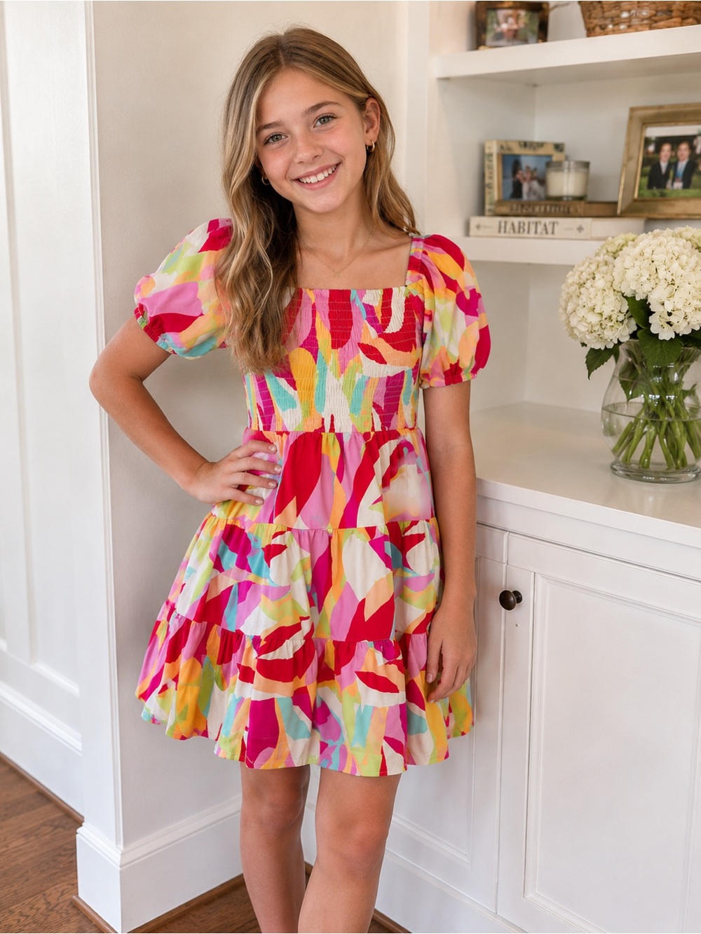Girls Pink Multi-Color Smocked Puff-Sleeve Tiered Dress
